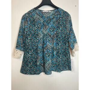 Notations Womens Blouse Multicolor PL Half Sleeve Tie Peasant Crochet Detail